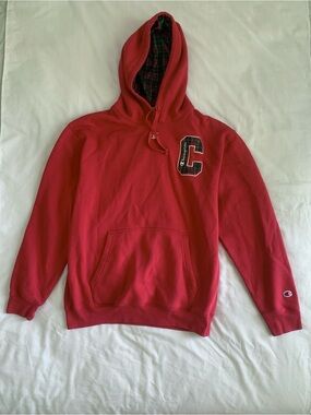 Champion Men's Plaid Hooded Varsity C Sweatshirt - Crimson Red EUC Medium